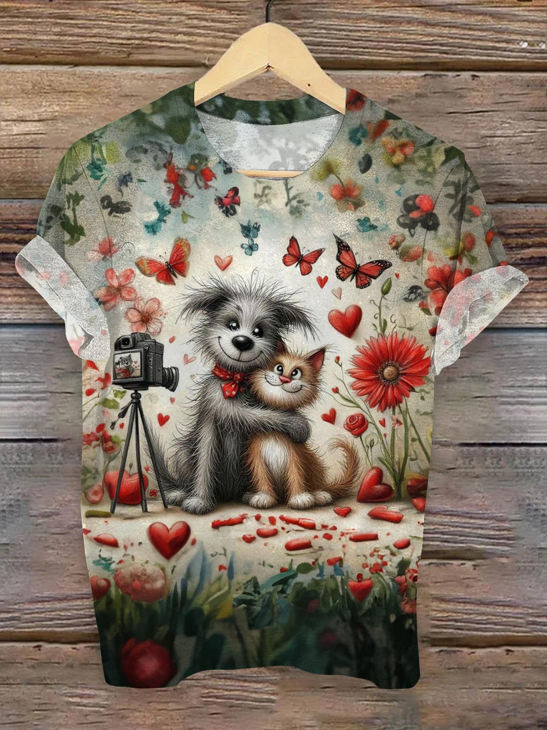 Dogs And Cats Taking Photos Crew Neck T-shirt