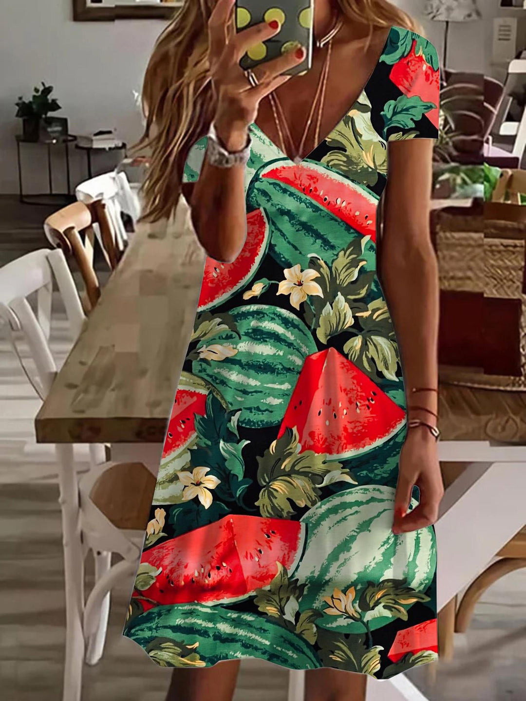 Watermelon Flower V Neck Short Sleeve Dress