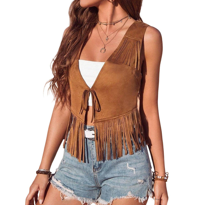 Fringe Vest Women Western Tassel Trim V Neck Sleeveless Western Jacket Gilet Open Front Vest for Travel clean