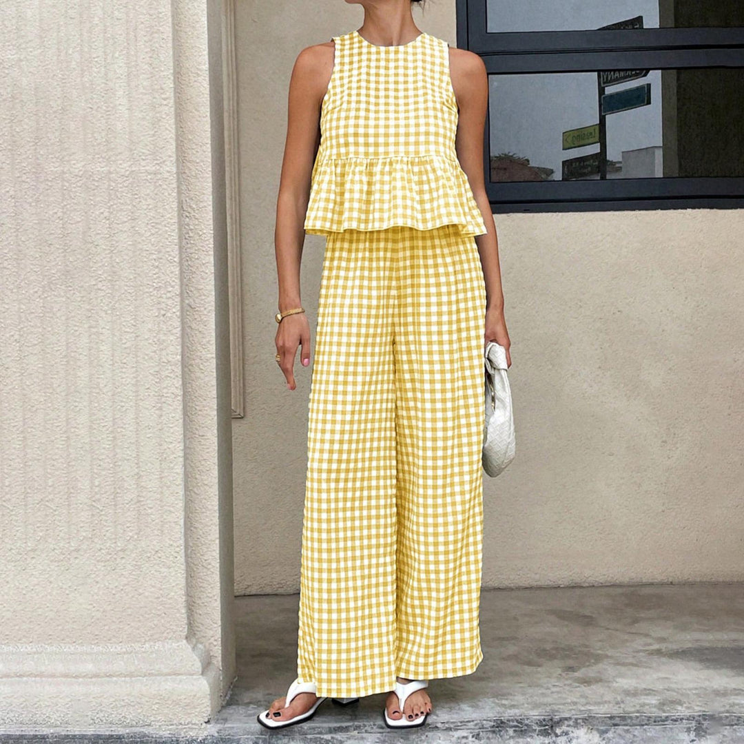Womens Gingham Set Ruffle Plaid Peplum Tops and Pants Summer Vacation Going Out Sets for Daily Wear Beach admired