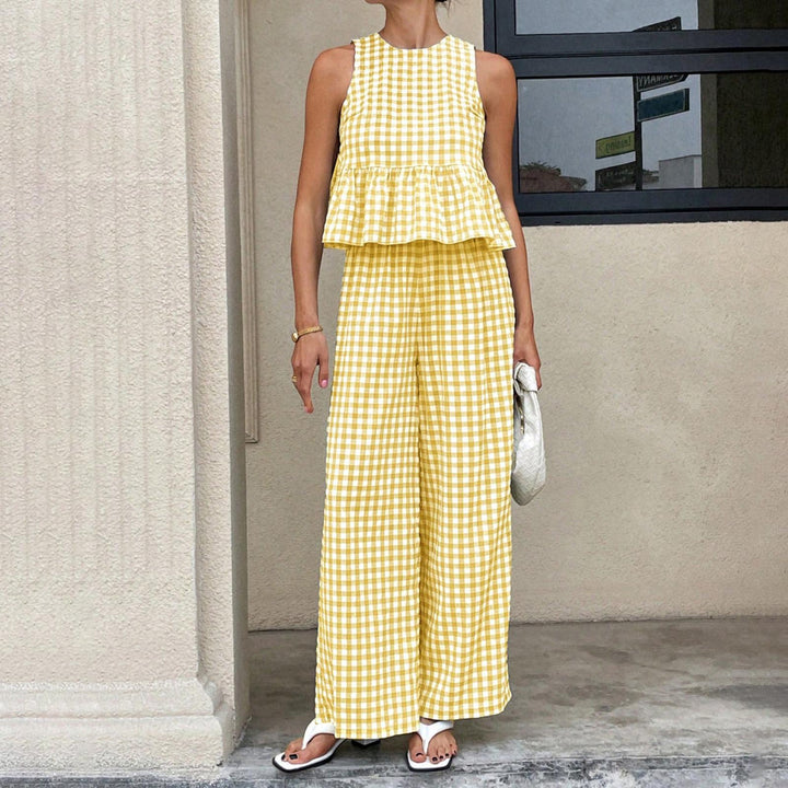 Womens Gingham Set Ruffle Plaid Peplum Tops and Pants Summer Vacation Going Out Sets for Daily Wear Beach admired