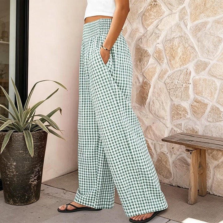 Women Gingham Pants Smocked Waist Plaid Pajama Lounge Pants Wide Leg Trousers with Pocket for Daily Wear gently
