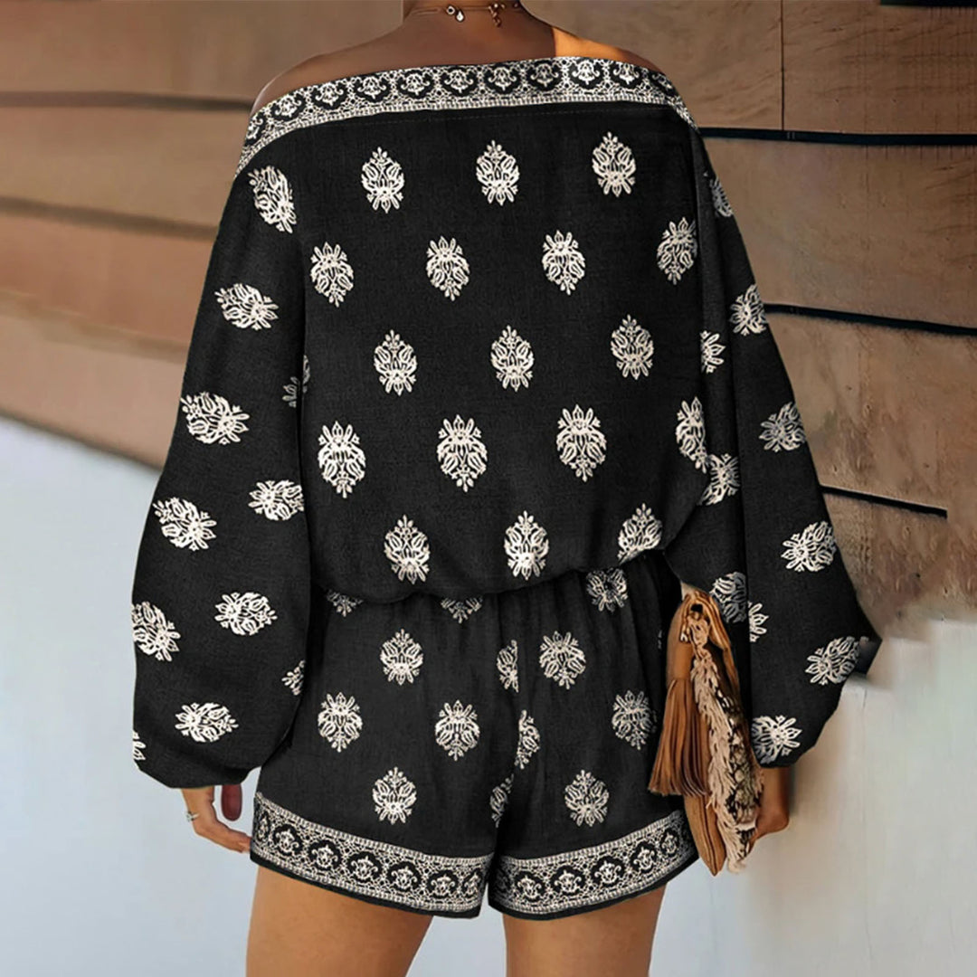 Boho Rompers for Women Off The Shoulder Casual Boho Jumpsuit Loose Lantern Sleeve Rompers for Vacation Beach ingenious