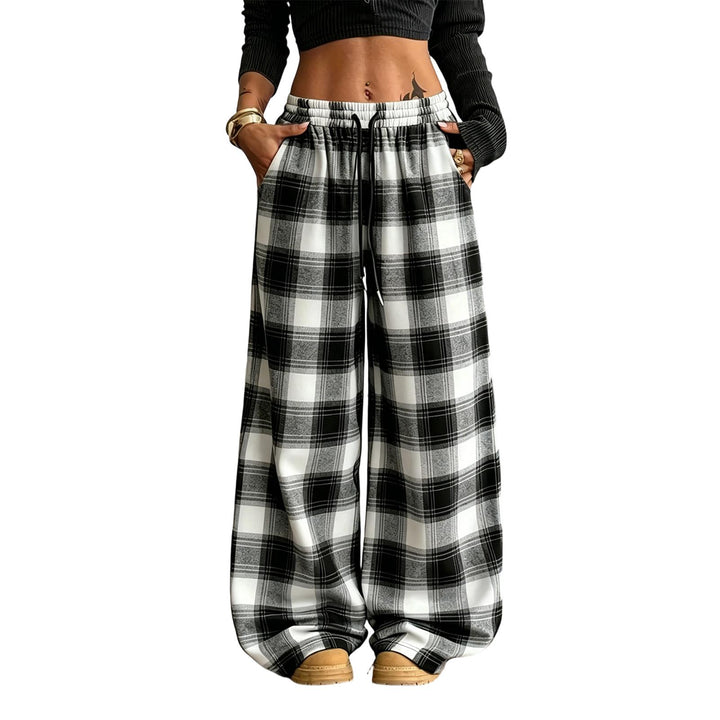 Plaid Pants for Women Wide Leg Drawstring Elastic Waist Trousers for Women with Pockets for Vacation Dating liberal