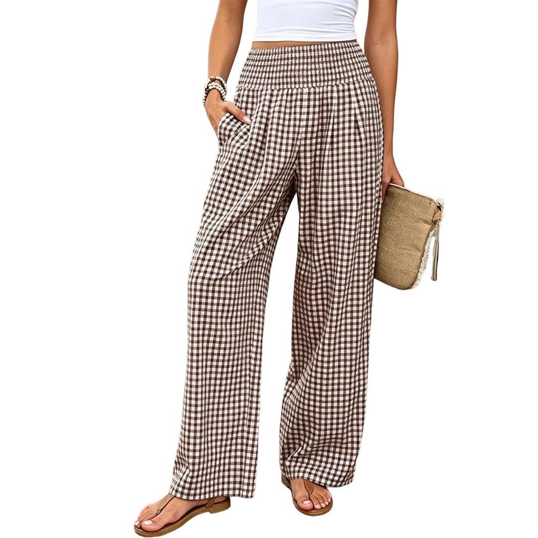 Women Gingham Pants Smocked Waist Plaid Pajama Lounge Pants Wide Leg Trousers with Pocket for Daily Wear gently