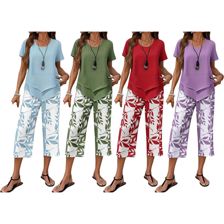 2 Piece Sets for Women Summer Crewneck Short Sleeve Shirts and Wide Leg Capri Pants Lounge Outfit for Travel gently