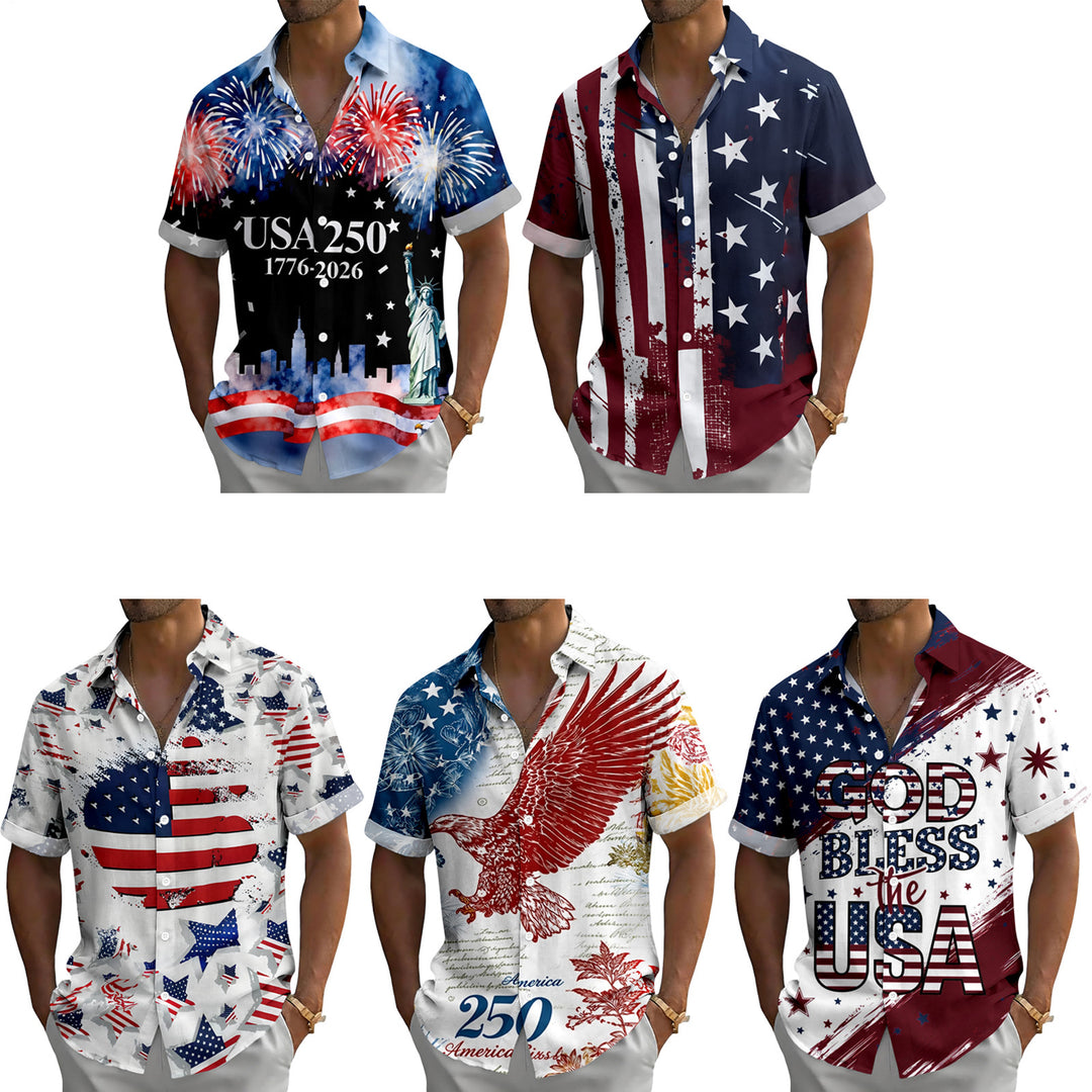 Patriotic Button Up Shirts For Men 250 Years Flag Lapel Short Sleeve Casual Trendy Hawaiian Shirts for Travel respectable