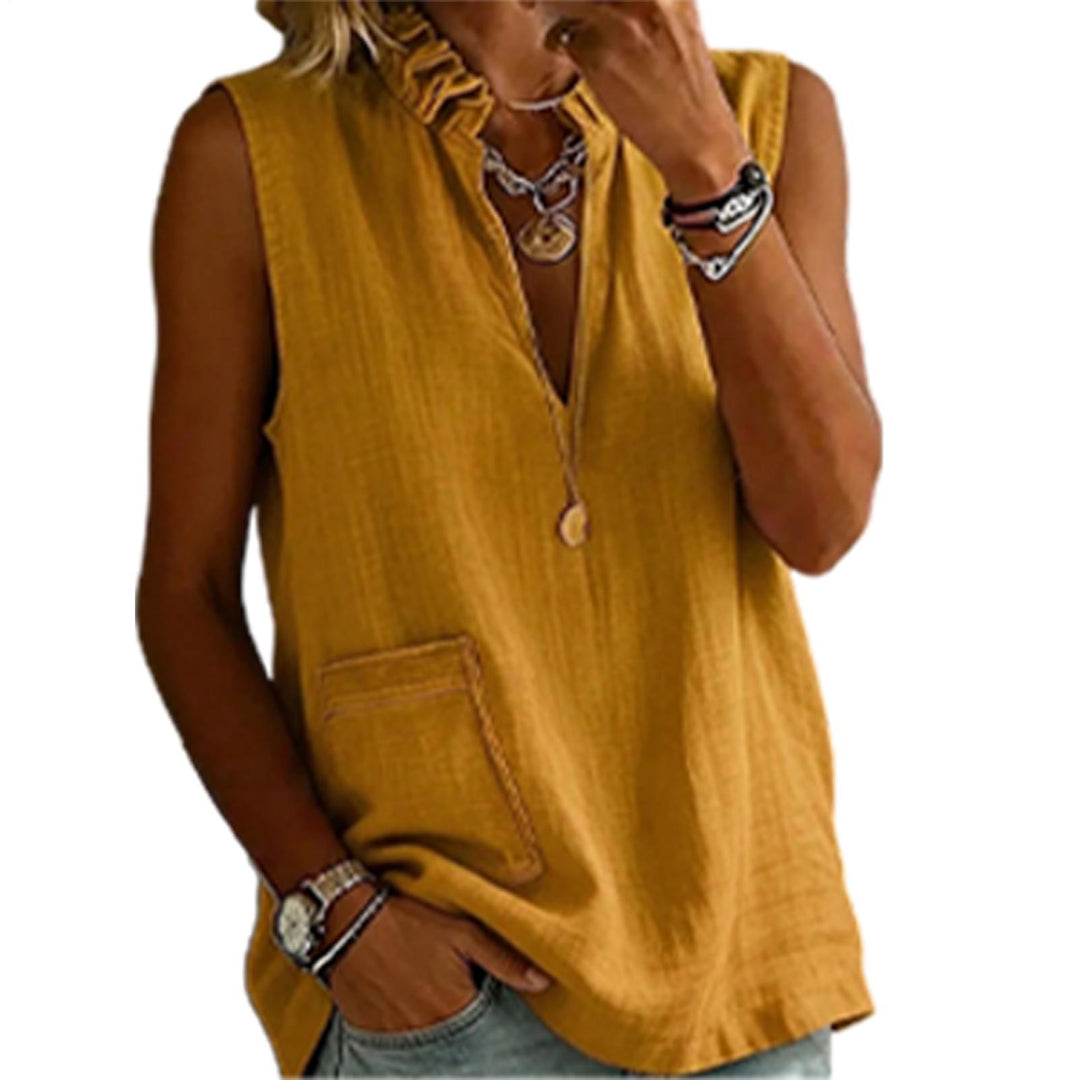 Linen Tank Tops for Women V Neck Ruffled Collar Sleeveless Shirt Summer Casual Tunic Tops for Daily Dating ordinary