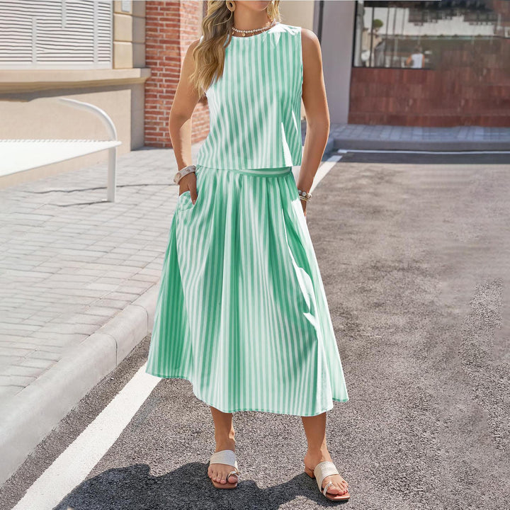 Striped Skirt Set 2 Piece Casual Sleeveless Top and Midi Skirt Summer Matching Lounge Sets for Everyday Wear adaptable