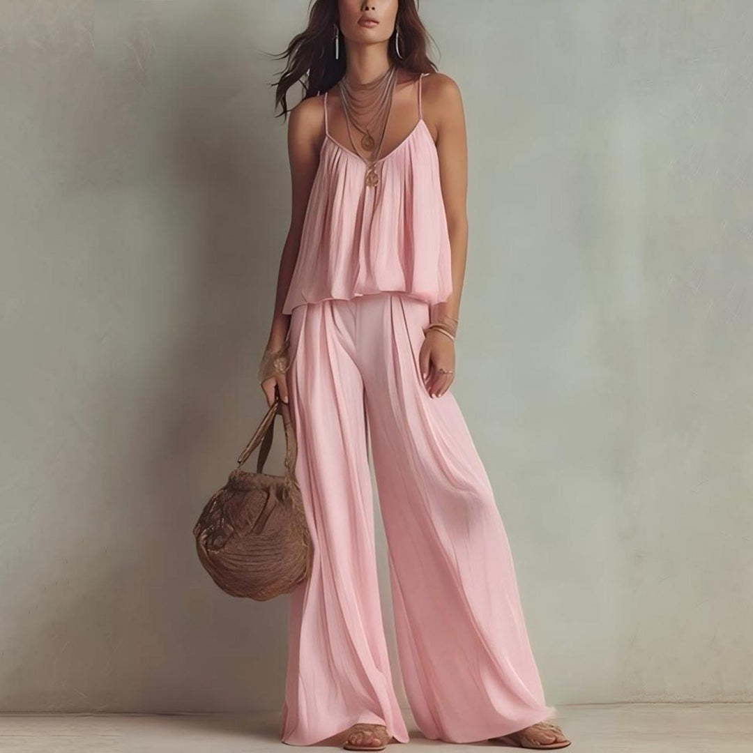 Womens Two Piece Sets Summer Spaghetti Strap Solid Color Bustier Wide Leg Pant Going Out Clothes for Party heathly