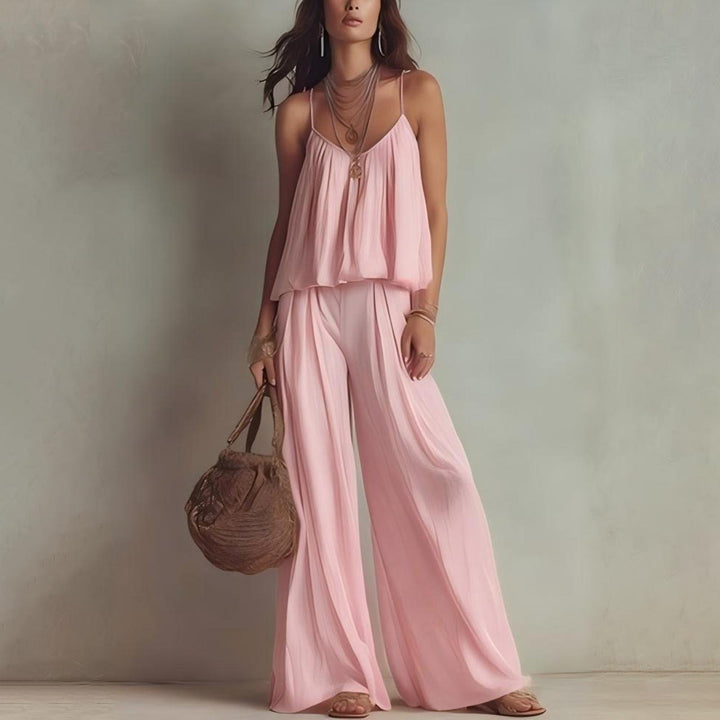 Womens Two Piece Sets Summer Spaghetti Strap Solid Color Bustier Wide Leg Pant Going Out Clothes for Party heathly
