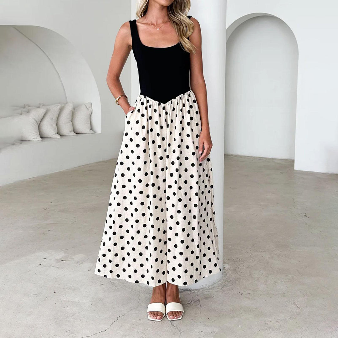 Sleeveless Maxi Dress for Women Dot Scoop Neck Summer Sleeveless Boho A Line Flowy Maxi Tank Dress for Travel everywhere