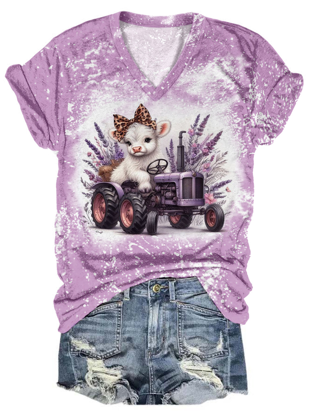 Lavender Highland Cow Tractor Tie Dye V-Neck T-Shirt