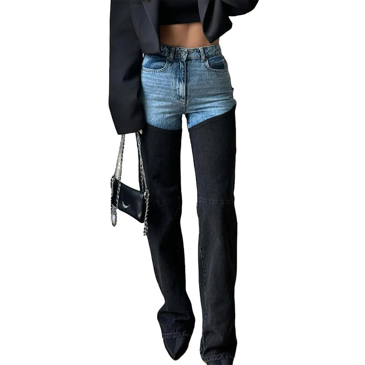 Women Straight Leg Jeans Mid Waist Casual Stretchy Summer Denim Pants Contrasting Colors Jeans for Dating reasonable