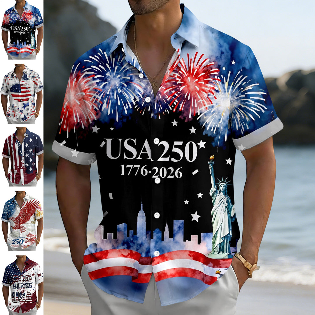 Patriotic Button Up Shirts For Men 250 Years Flag Lapel Short Sleeve Casual Trendy Hawaiian Shirts for Travel respectable