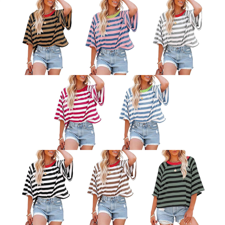 Striped Shirt Women Crew Neck Fashion Casual T Shirts Loose Fit Basic Tops for Travel Going Out Commuting approving