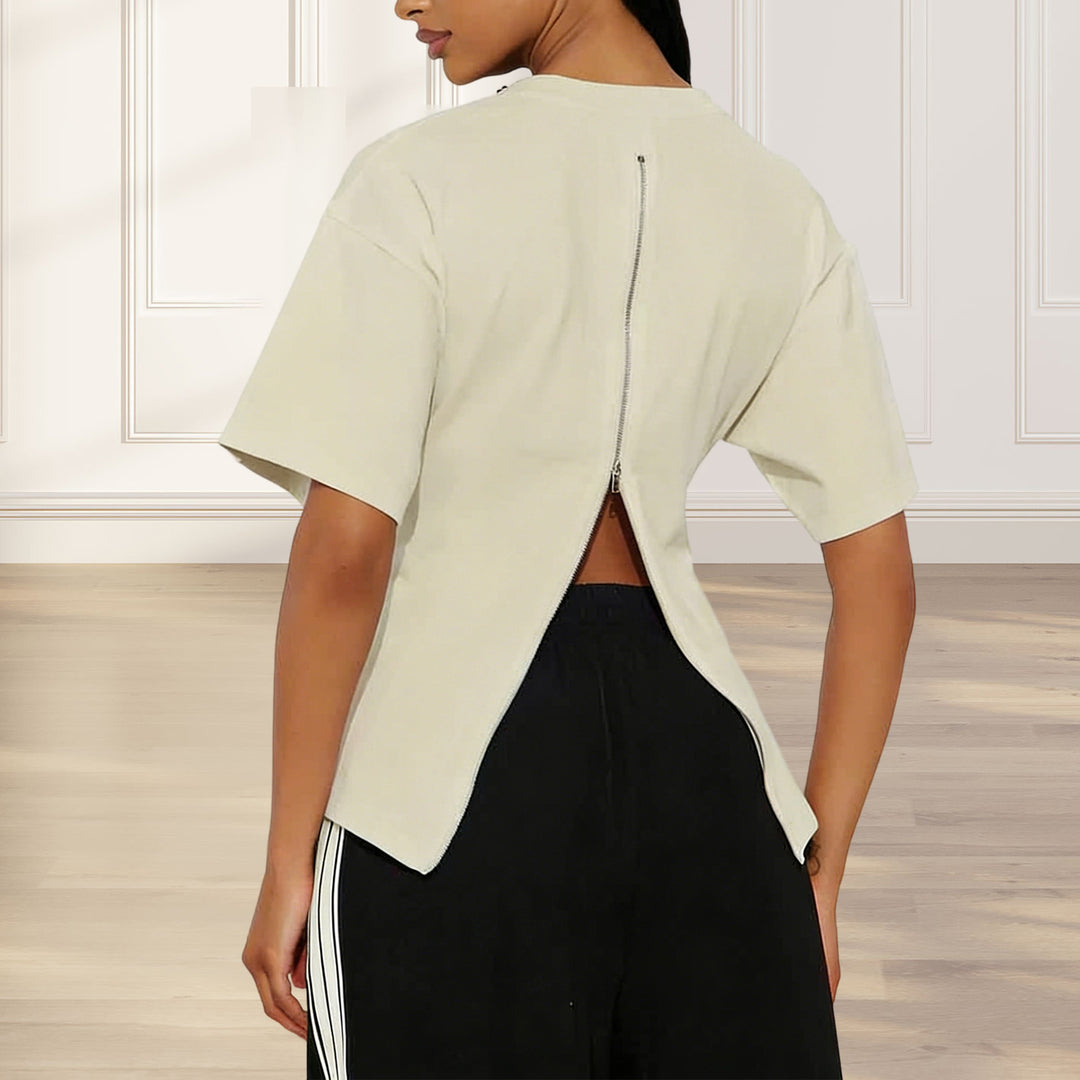 Zipper Back Shirt for Women Back Zipper Crewneck Short Sleeve Cinched Waist Top for Daily Wear Vacation method