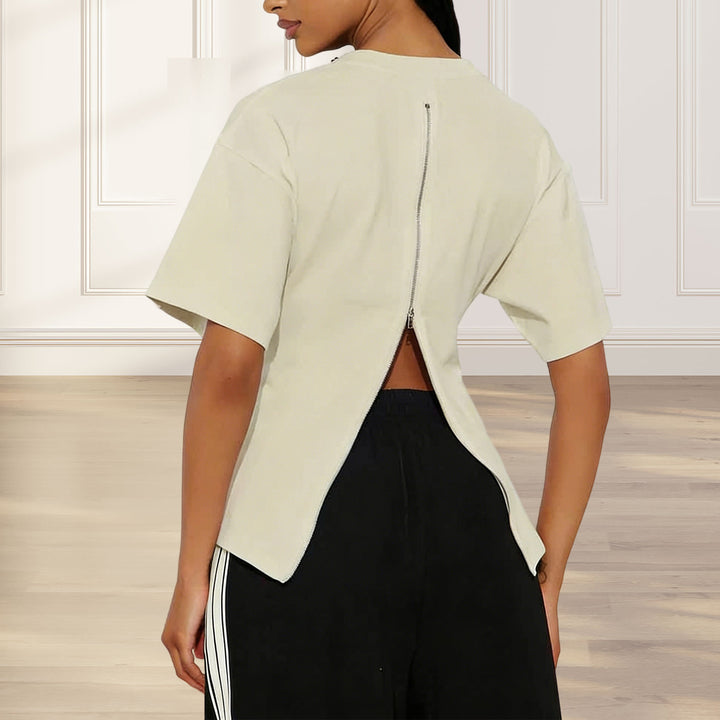 Zipper Back Shirt for Women Back Zipper Crewneck Short Sleeve Cinched Waist Top for Daily Wear Vacation method