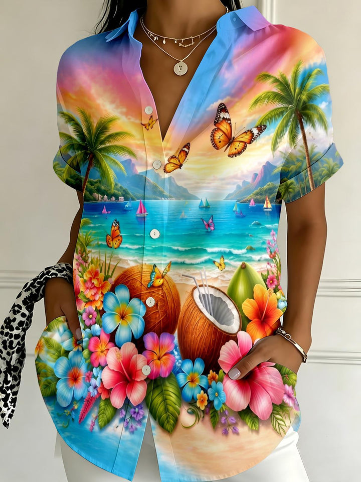 Hawaii Gradient Butterfly Island Coconut Tree Beach Women's Short Sleeve Shirts