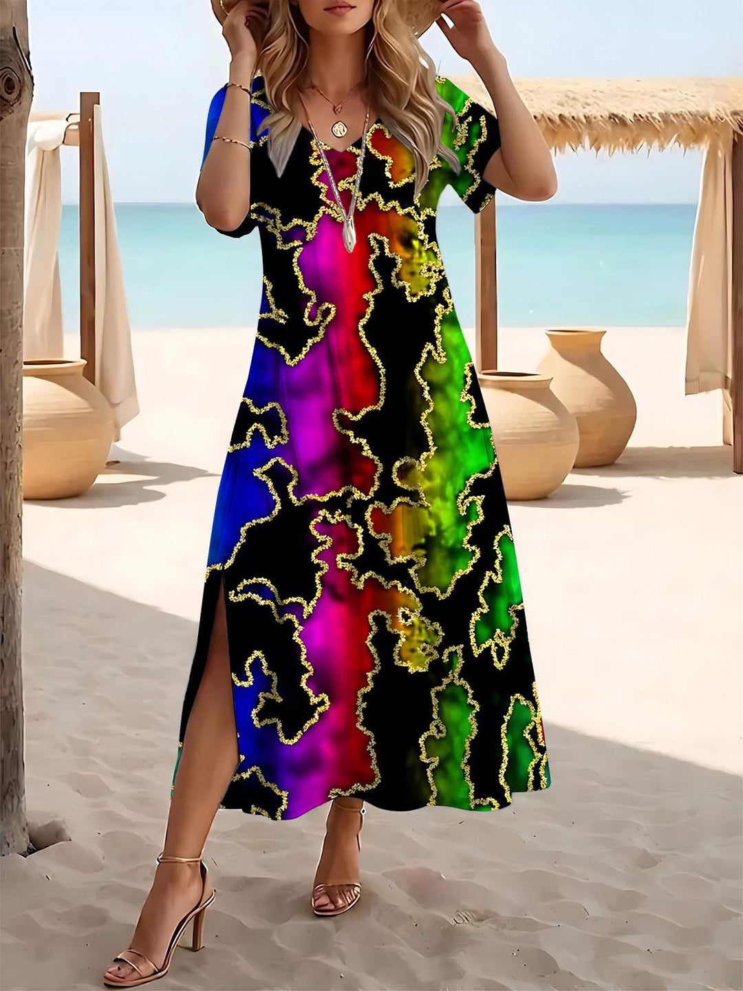 Abstract Gradient Print Women's Short Sleeve V Neck Maxi Dress