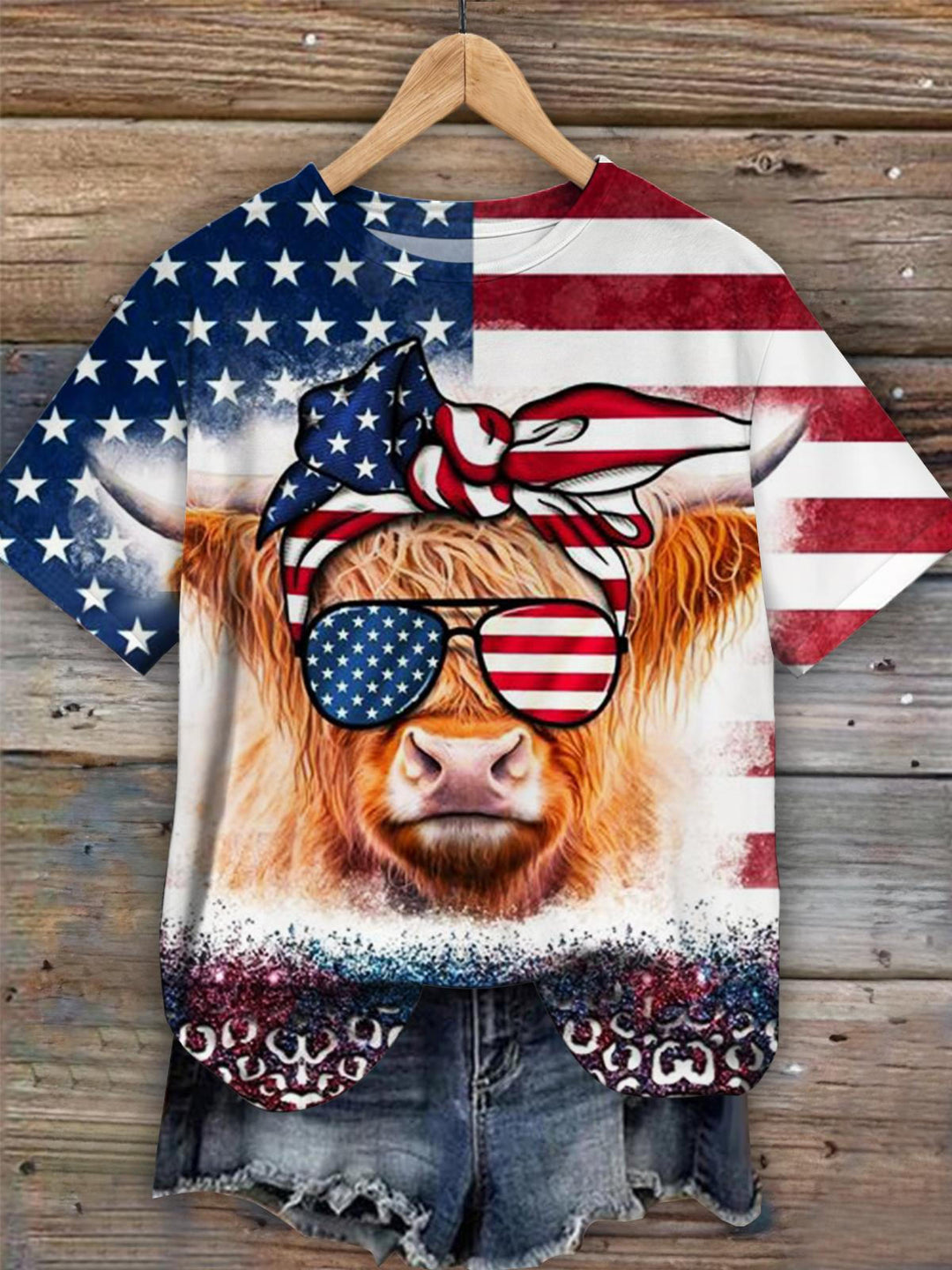 American Flag Highland Cow Print Crew Neck T-shirt