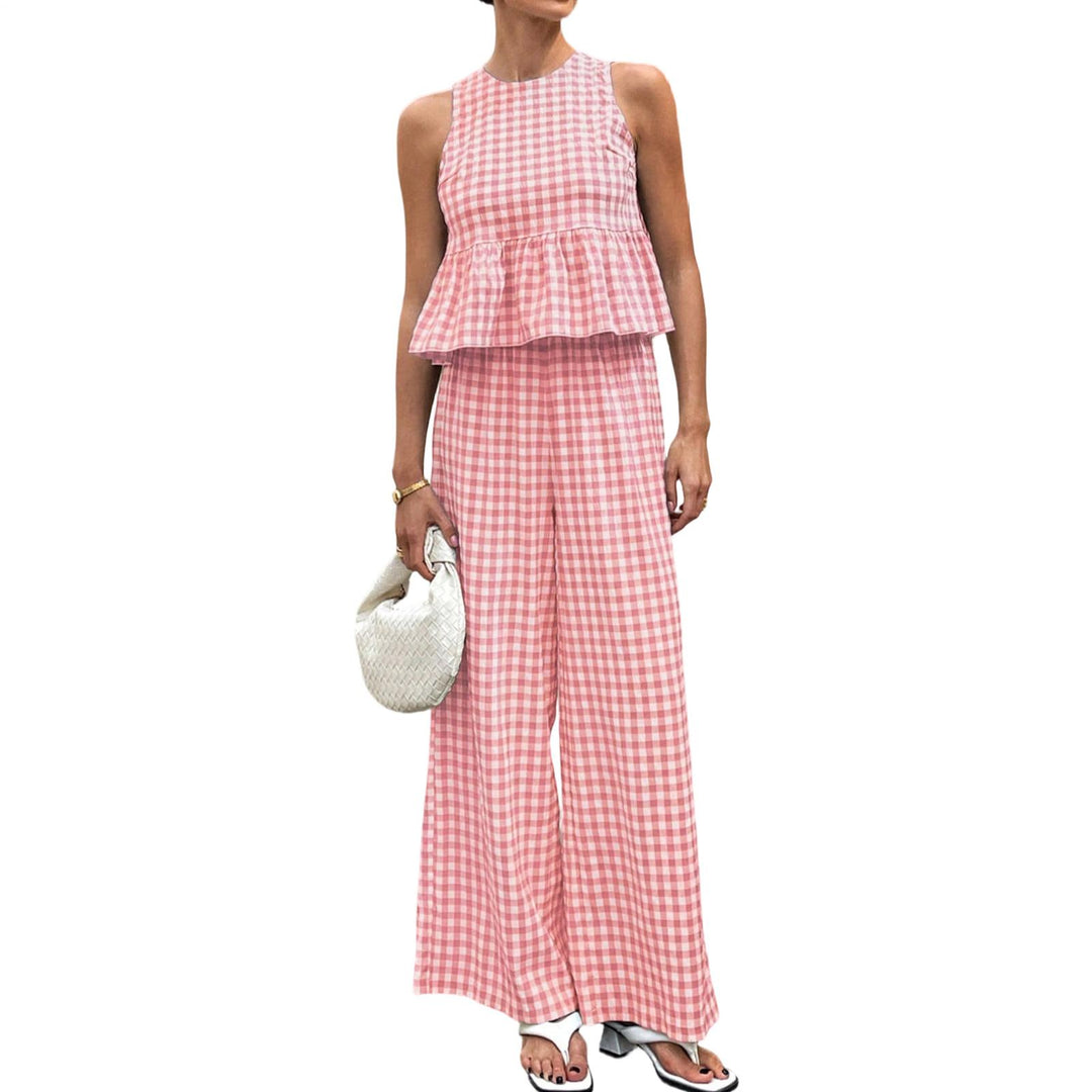 Womens Gingham Set Ruffle Plaid Peplum Tops and Pants Summer Vacation Going Out Sets for Daily Wear Beach admired