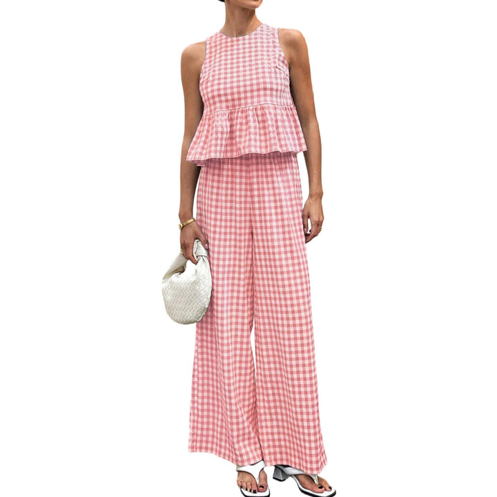 Womens Gingham Set Ruffle Plaid Peplum Tops and Pants Summer Vacation Going Out Sets for Daily Wear Beach admired