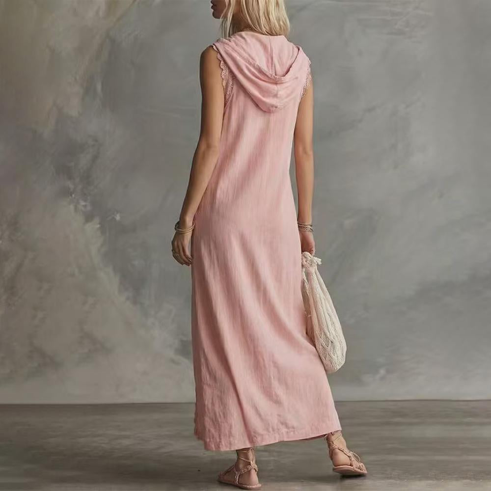 V Neck Maxi Dress for Women High Slit Lace Trim Casual Loose Summer Sleeveless Long Hoodie Dress for Travel honest
