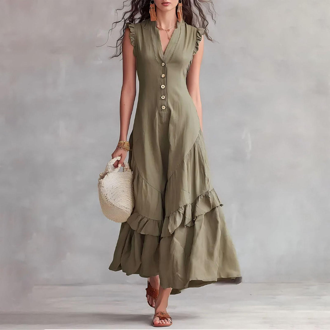 Ruffle Dress Long V Neck Button Flowy Cap Sleeve Summer Maxi Dresses Casual Beach Clothes for Beach Vacation serviceable