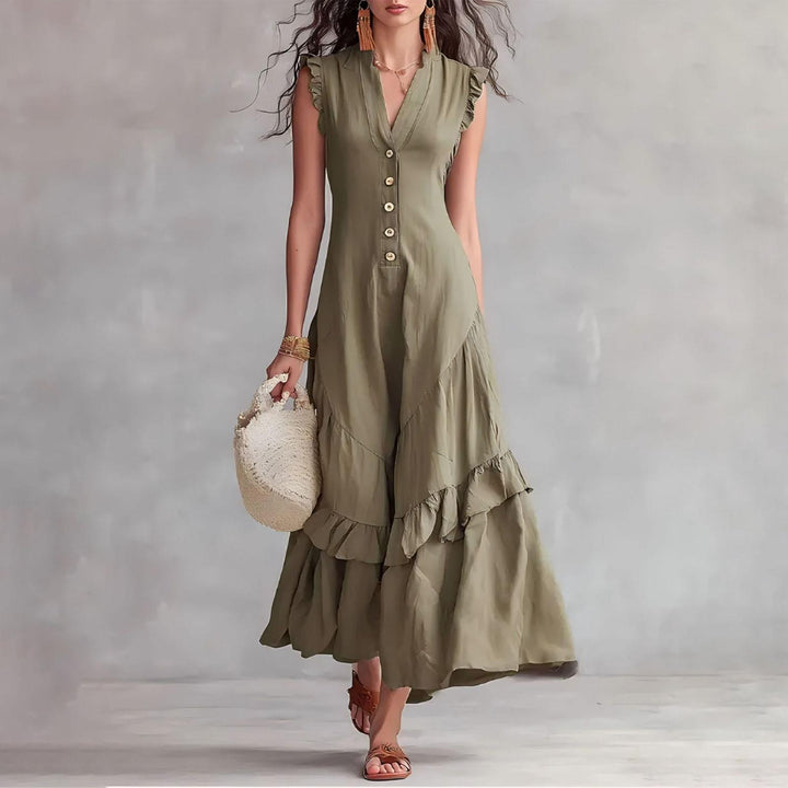 Ruffle Dress Long V Neck Button Flowy Cap Sleeve Summer Maxi Dresses Casual Beach Clothes for Beach Vacation serviceable