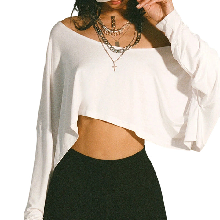 Off The Shoulder Crop Tops for Women Long Sleeve Slouchy Off The Shoulder Top Loose Casual T Shirt for Dating proficient