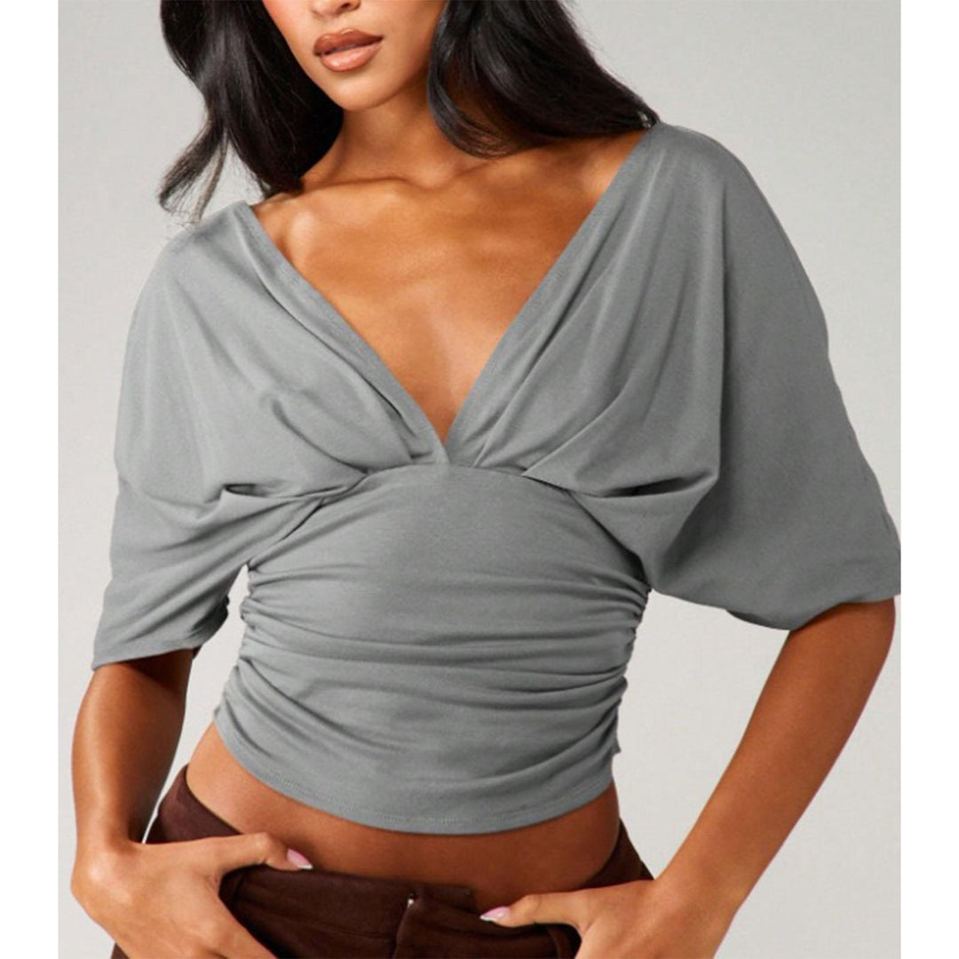 Dolman Sleeve Cinched Waist Top Deep V Neck Side Ruched Sexy Dolman Sleeve Blouses Going Out Tops for Leisure innate