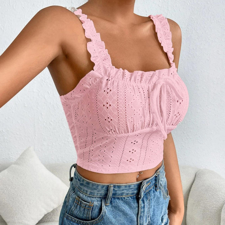 Eyelet Tank Tops for Women Ruffle Ruched Sleeveless Square Neck Tie Front Bust Crop Camisole Tops for Travel excellent