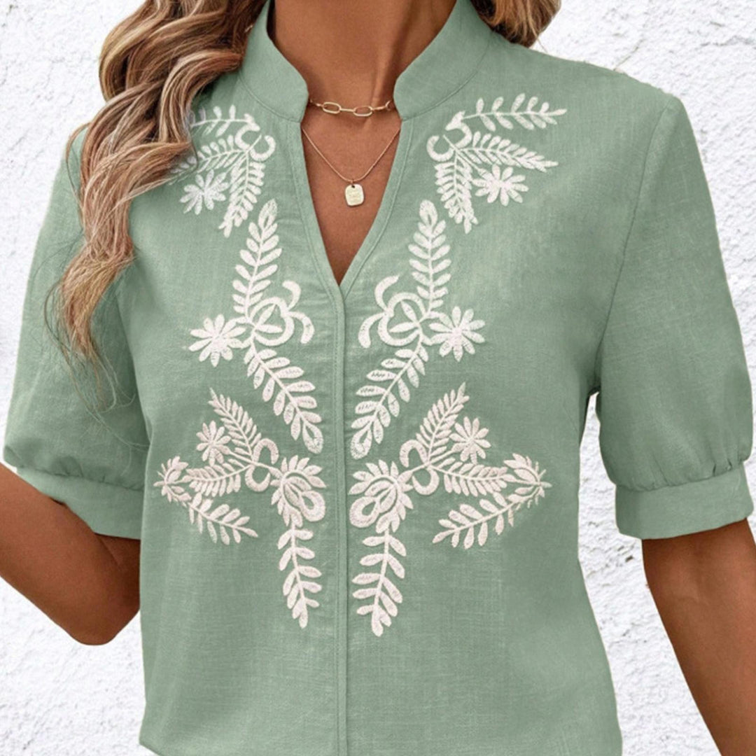 Embroidered Blouses for Women V Neck Floral Embroidered Top Short Sleeve Blouses Fashion Clothes for Travel generous