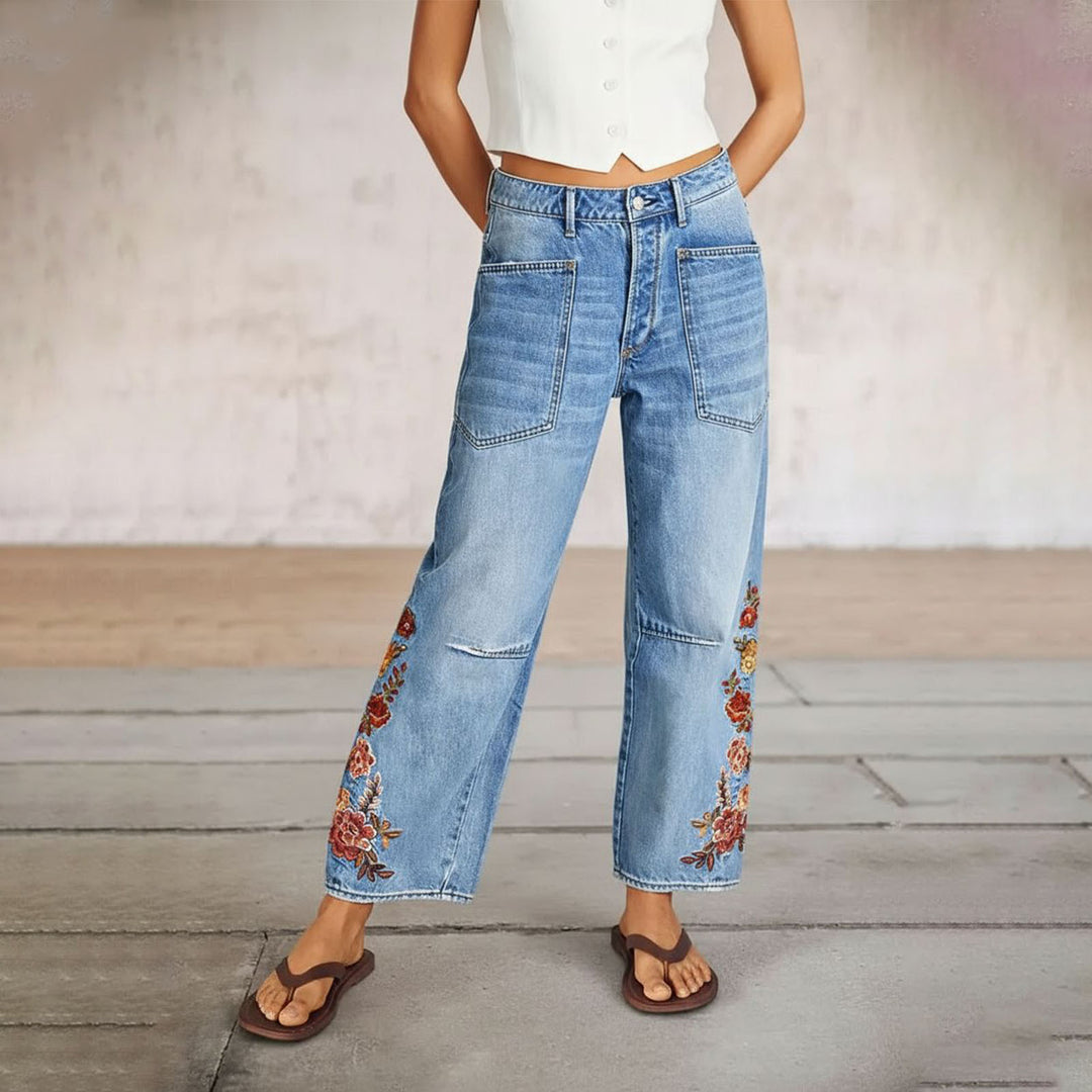 Cropped Jeans for Women Floral Embroidered Casual Summer Straight Leg Jeans Mid Rise Denim Pants for Travel thrifty
