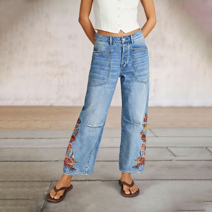 Cropped Jeans for Women Floral Embroidered Casual Summer Straight Leg Jeans Mid Rise Denim Pants for Travel thrifty