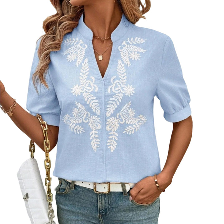 Embroidered Blouses for Women V Neck Floral Embroidered Top Short Sleeve Blouses Fashion Clothes for Travel generous
