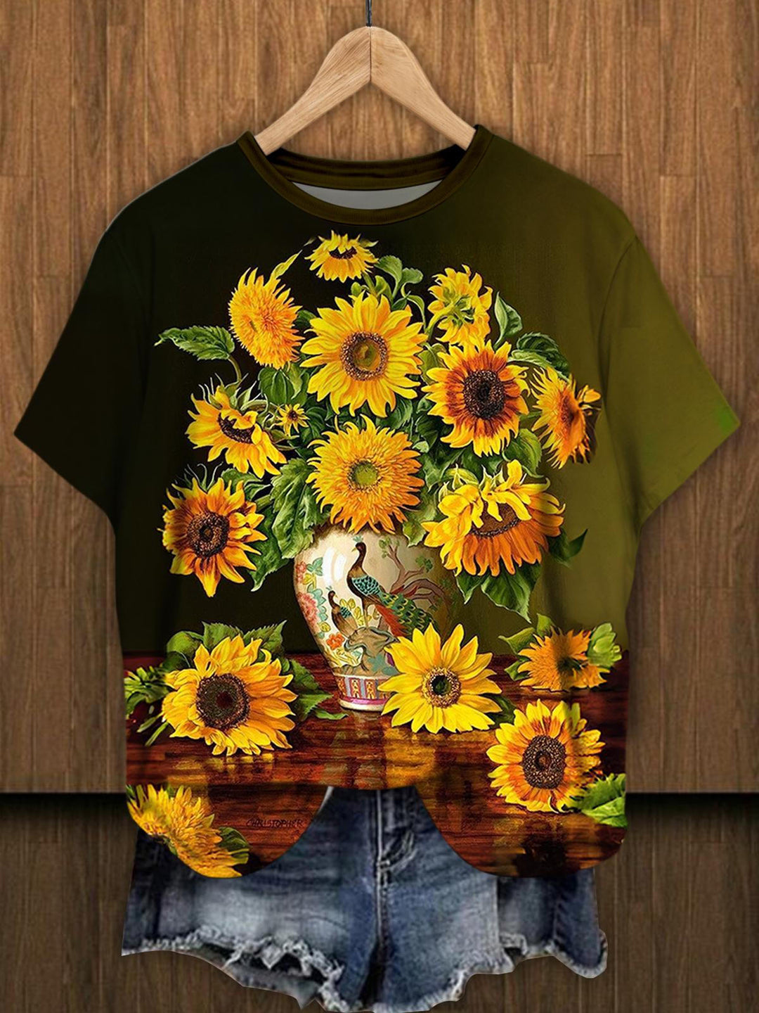 Sunflowers Peacock Vase Crew Neck T-shirt
