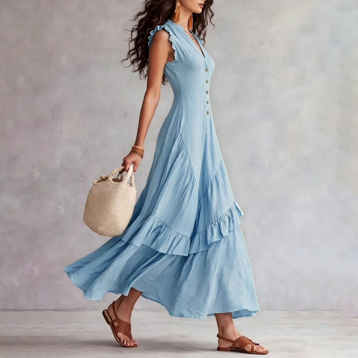 Ruffle Dress Long V Neck Button Flowy Cap Sleeve Summer Maxi Dresses Casual Beach Clothes for Beach Vacation serviceable