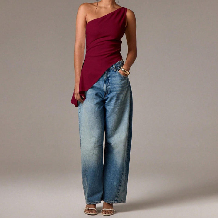 Off Shoulder Ruffle Top Asymmetrical Neck Summer Going Out Sexy Elegant Ruched Sleeveless Tops for Datng friendly