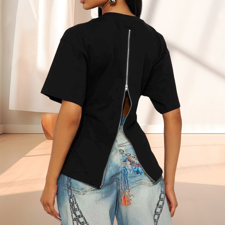 Zipper Back Shirt for Women Back Zipper Crewneck Short Sleeve Cinched Waist Top for Daily Wear Vacation method