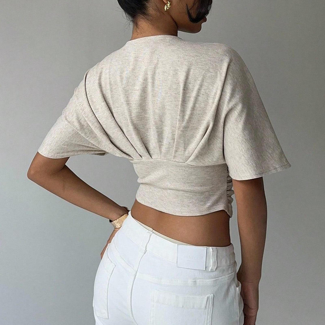 Cinch Waist Tops for Women Ruched Deep V Neck Crop Tops Sexy Summer T Shirts Short Sleeve for Travel Dating original