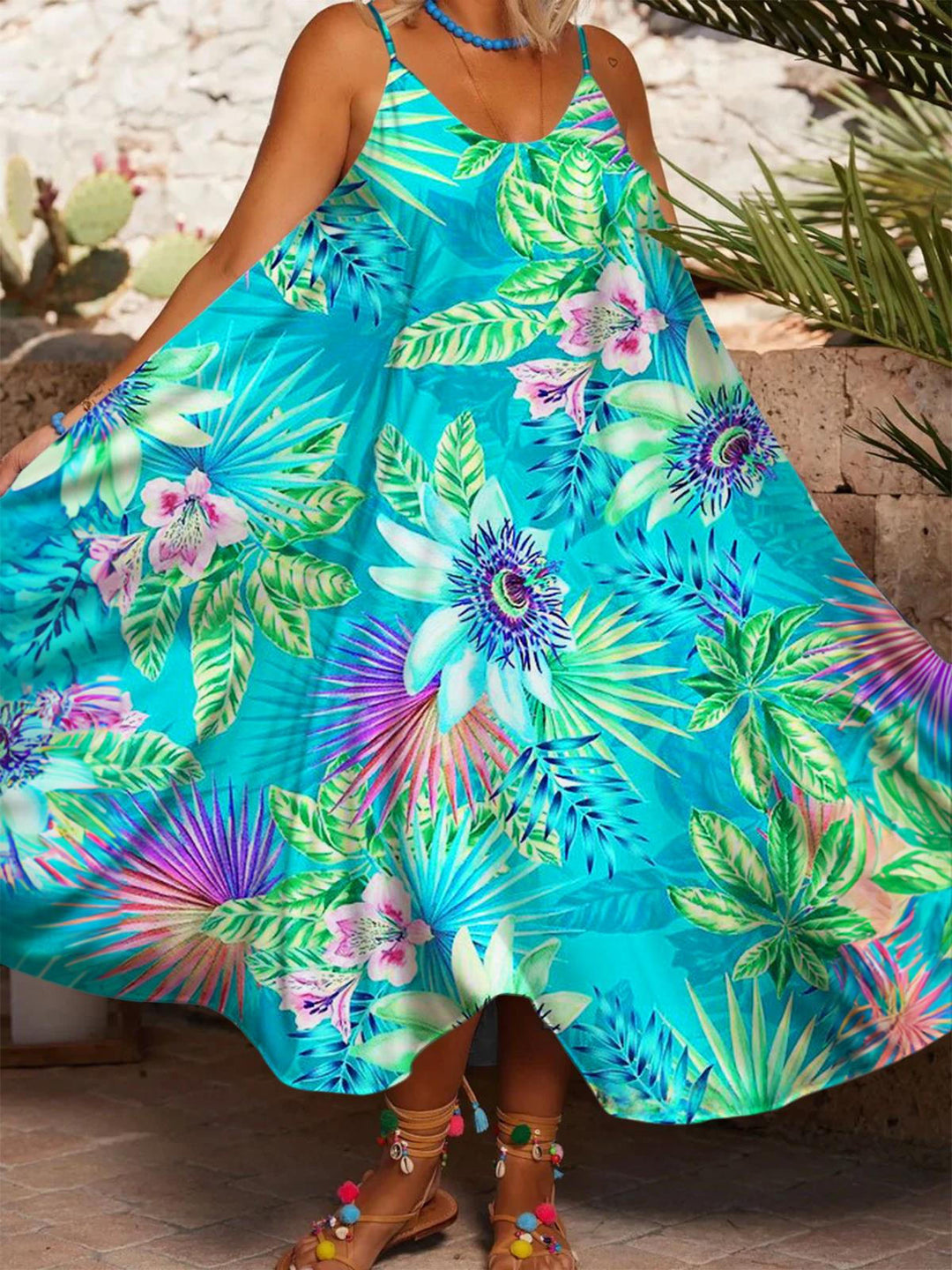 Peppermint Mambo Tropical Flowers Printed Casual Spaghetti Strap Dress