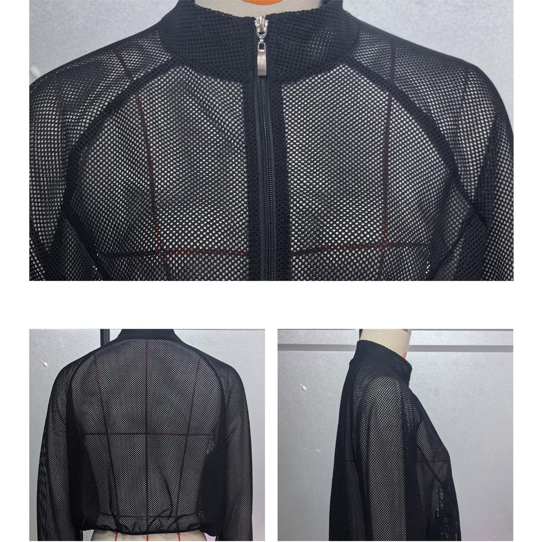Sheer Mesh Jacket Women Mock Neck Lightweight Casual Zip Up Crop Jacket Summer Athletic Outerwear for Yoga boosted