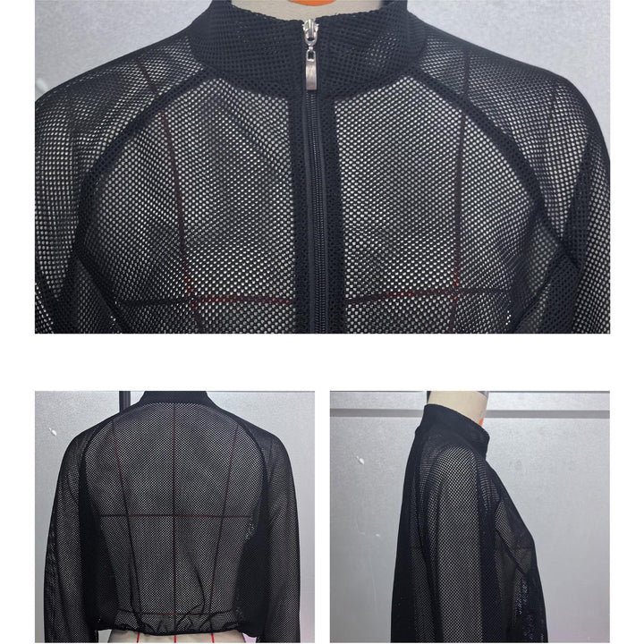Sheer Mesh Jacket Women Mock Neck Lightweight Casual Zip Up Crop Jacket Summer Athletic Outerwear for Yoga boosted