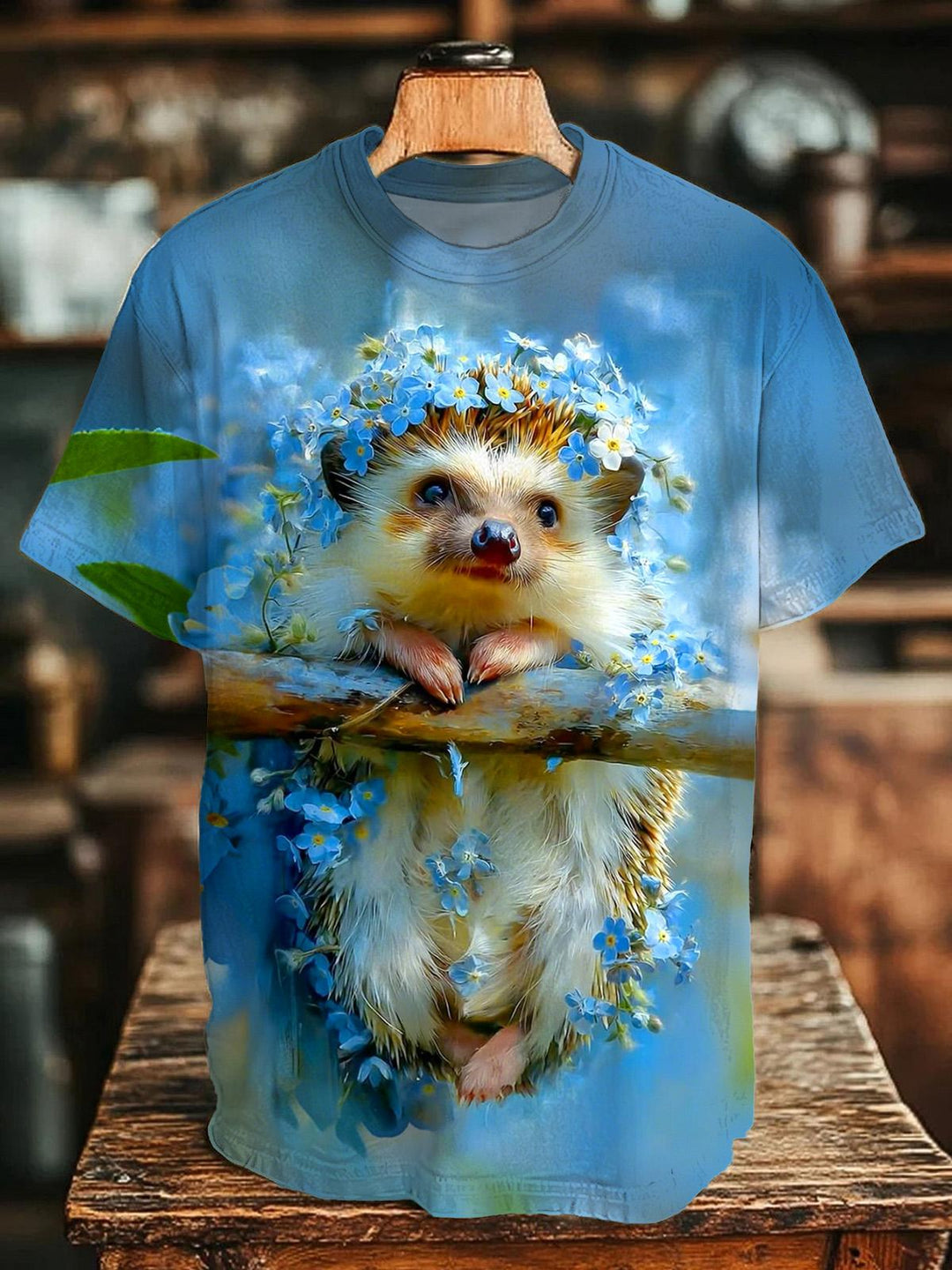 Hedgehog Flower Print Women's Short Sleeve Crew Neck T-shirt