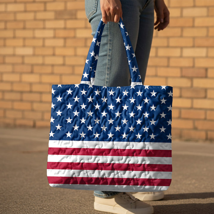 Quilted Tote Bag for Women American Flag Patriotic Handbags with Handles Travel Casual Purse for Vacation practical