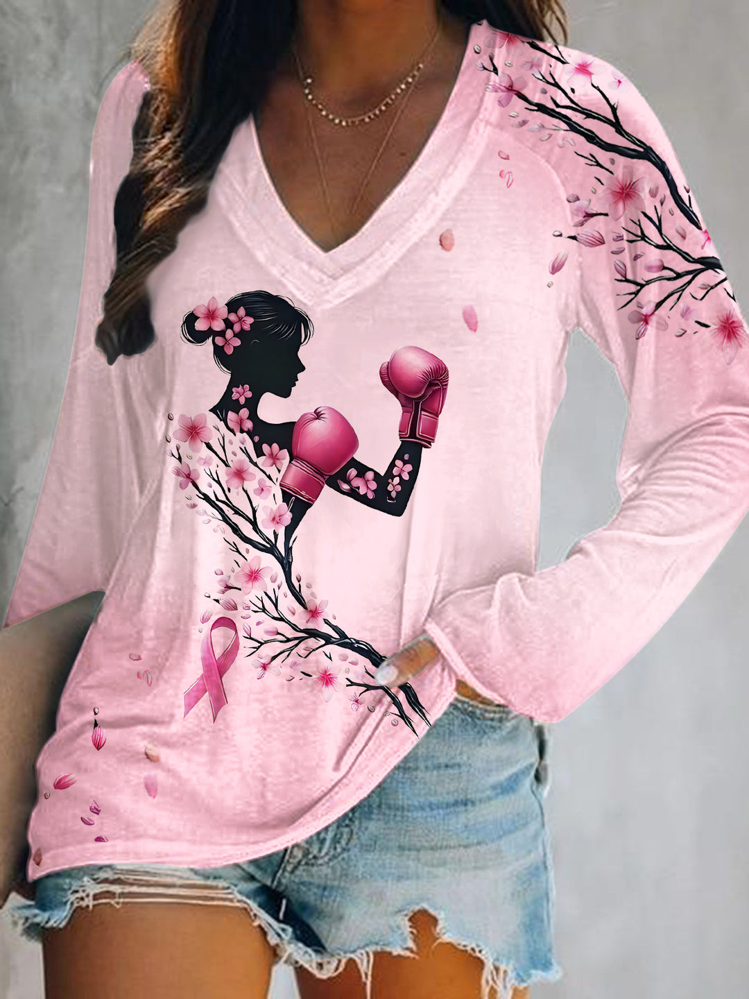 Breast Cancer Art Print V-Neck Long Sleeve Top