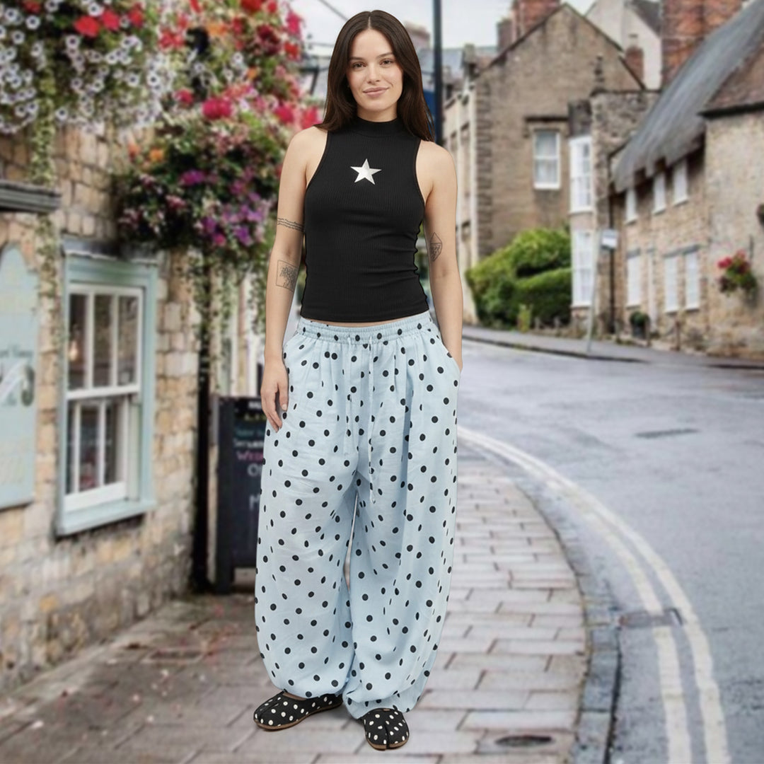 Baggy Wide Leg Pants for Women Dot Print Elastic Waist Wide Leg Palazzo Pants with Pockets for Daily Wear sturdy