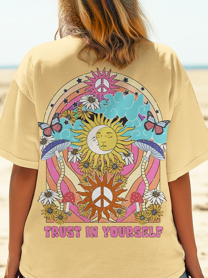 Vintage Sun Peace Hippie Art Crew Neck T-shirt